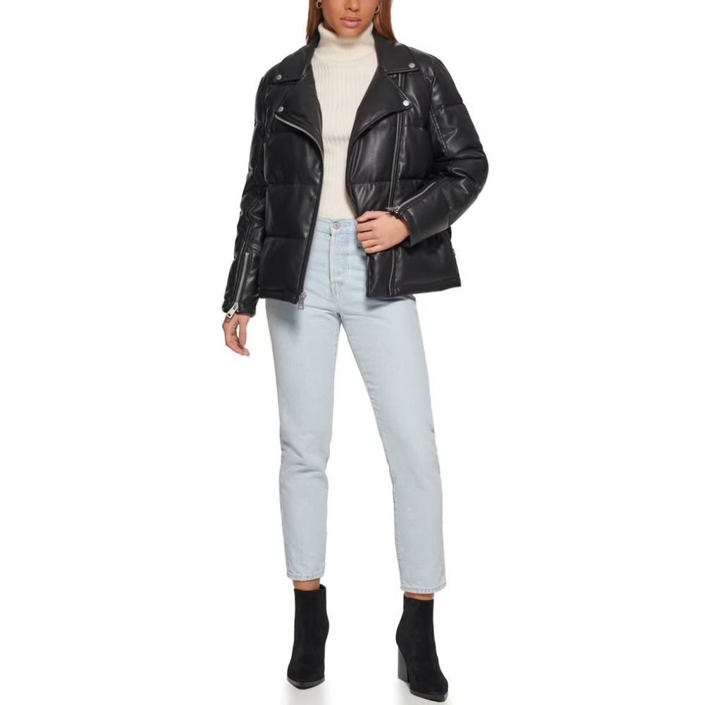 Levi's Black Faux Leather Moto Puffer Jacket Biker Quilted Coat Vegan Minimalist
